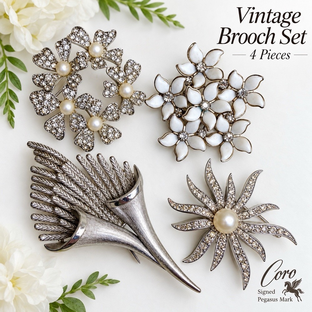 Vintage Brooch Lot 4 Coro Pegasus Rhinestone Pearl Enamel Floral Silver Tone